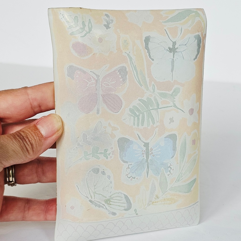 Butterfly Floral Glass Trinket Dish Yellow Rectangular Vanity Tray Decor - Picture 6 of 8